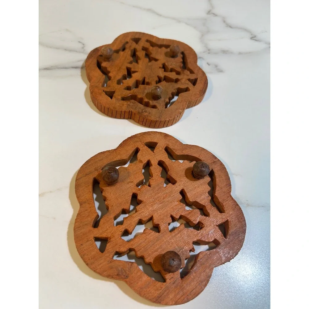 Vintage Hand Carved Wood Floral Trivets Set of 2 Boho Scalloped Kitchen Decor